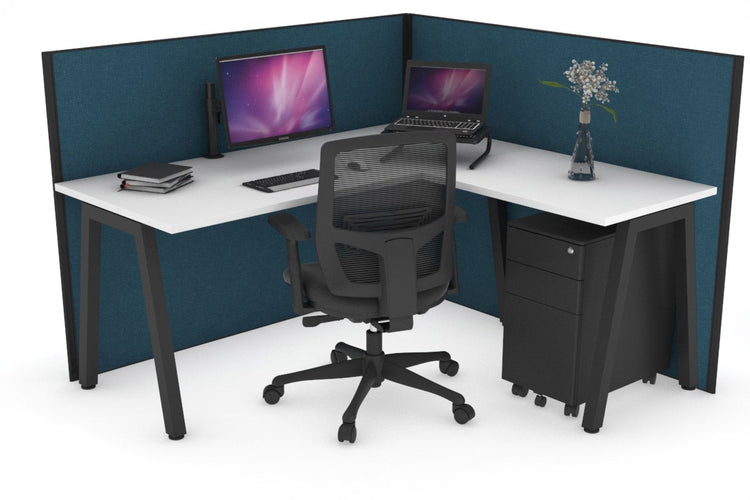 Horizon Quadro A Leg L-Shaped Corner Office Desk [1600L x 1450W] Jasonl black leg white deep blue (1200H x 1600W x 1600W)