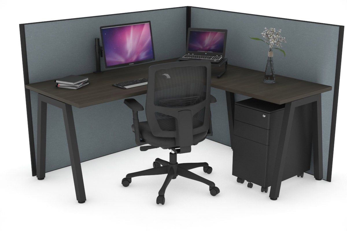 Horizon Quadro A Leg L-Shaped Corner Office Desk [1600L x 1450W] Jasonl black leg dark oak cool grey (1200H x 1600W x 1600W)