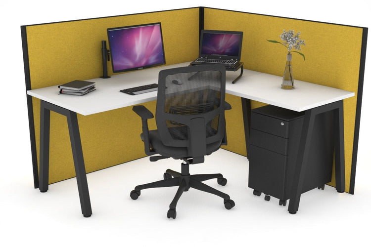 Horizon Quadro A Leg L-Shaped Corner Office Desk [1600L x 1450W] Jasonl black leg white mustard yellow (1200H x 1600W x 1600W)