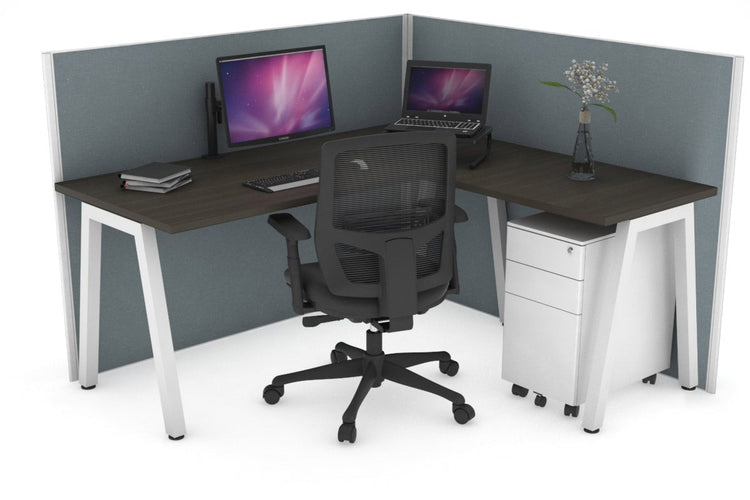Horizon Quadro A Leg L-Shaped Corner Office Desk [1600L x 1450W] Jasonl white leg dark oak cool grey (1200H x 1600W x 1600W)