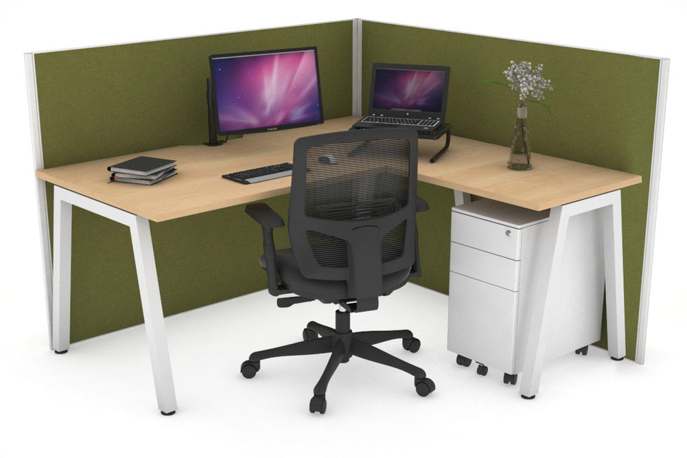 Horizon Quadro A Legs L-Shaped Corner Office Desk [1600L x 1550W with Cable Scallop]-white leg maple green moss (1200H x 1600W x 1600W)