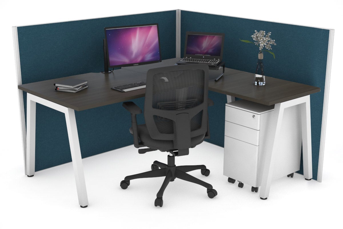 Horizon Quadro A Leg L-Shaped Corner Office Desk [1600L x 1550W with Cable Scallop] Jasonl white leg dark oak deep blue (1200H x 1600W x 1600W)