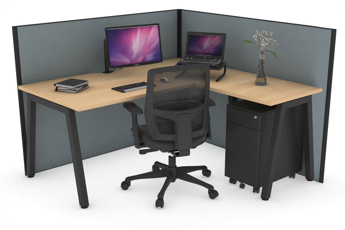 Horizon Quadro A Leg L-Shaped Corner Office Desk [1600L x 1550W with Cable Scallop] Jasonl black leg maple cool grey (1200H x 1600W x 1600W)