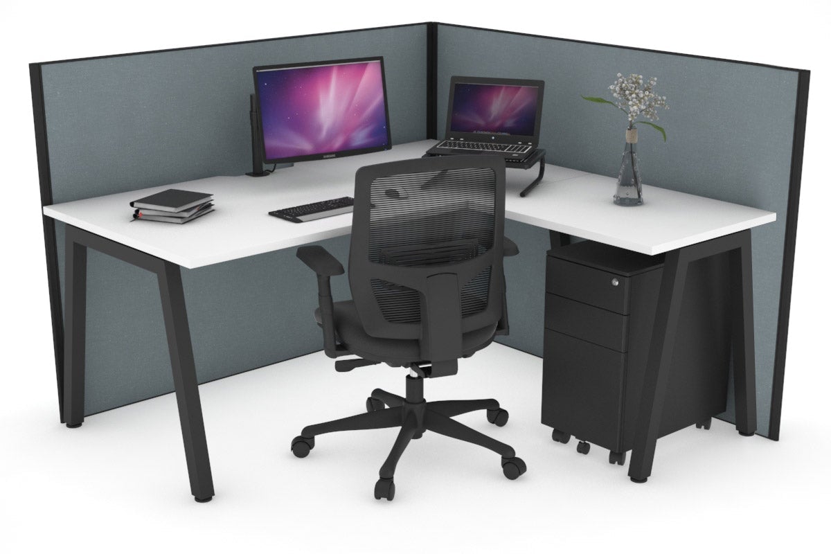Horizon Quadro A Leg L-Shaped Corner Office Desk [1600L x 1550W with Cable Scallop] Jasonl black leg white cool grey (1200H x 1600W x 1600W)