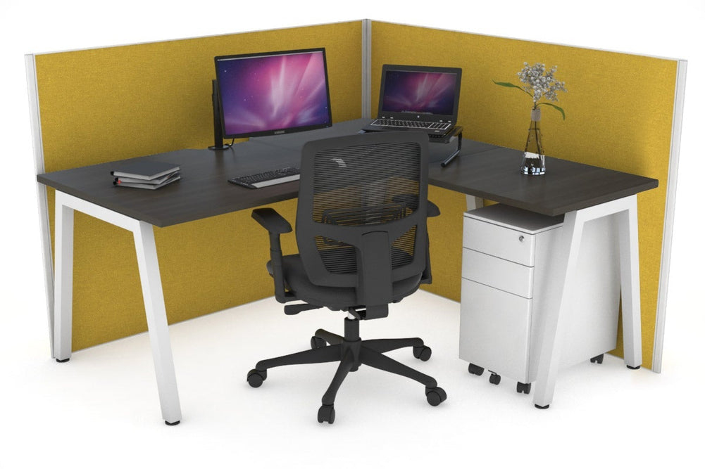 Horizon Quadro A Legs L-Shaped Corner Office Desk [1600L x 1550W with Cable Scallop]-white leg dark oak mustard yellow (1200H x 1600W x 1600W)