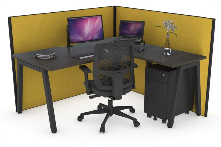 Horizon Quadro A Leg L-Shaped Corner Office Desk [1600L x 1550W with Cable Scallop] Jasonl black leg dark oak mustard yellow (1200H x 1600W x 1600W)