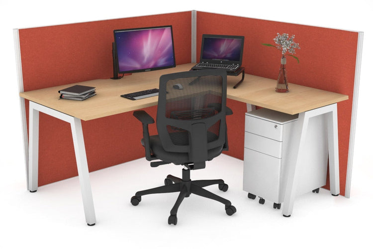 Horizon Quadro A Leg L-Shaped Corner Office Desk [1600L x 1550W with Cable Scallop] Jasonl white leg maple orange squash (1200H x 1600W x 1600W)