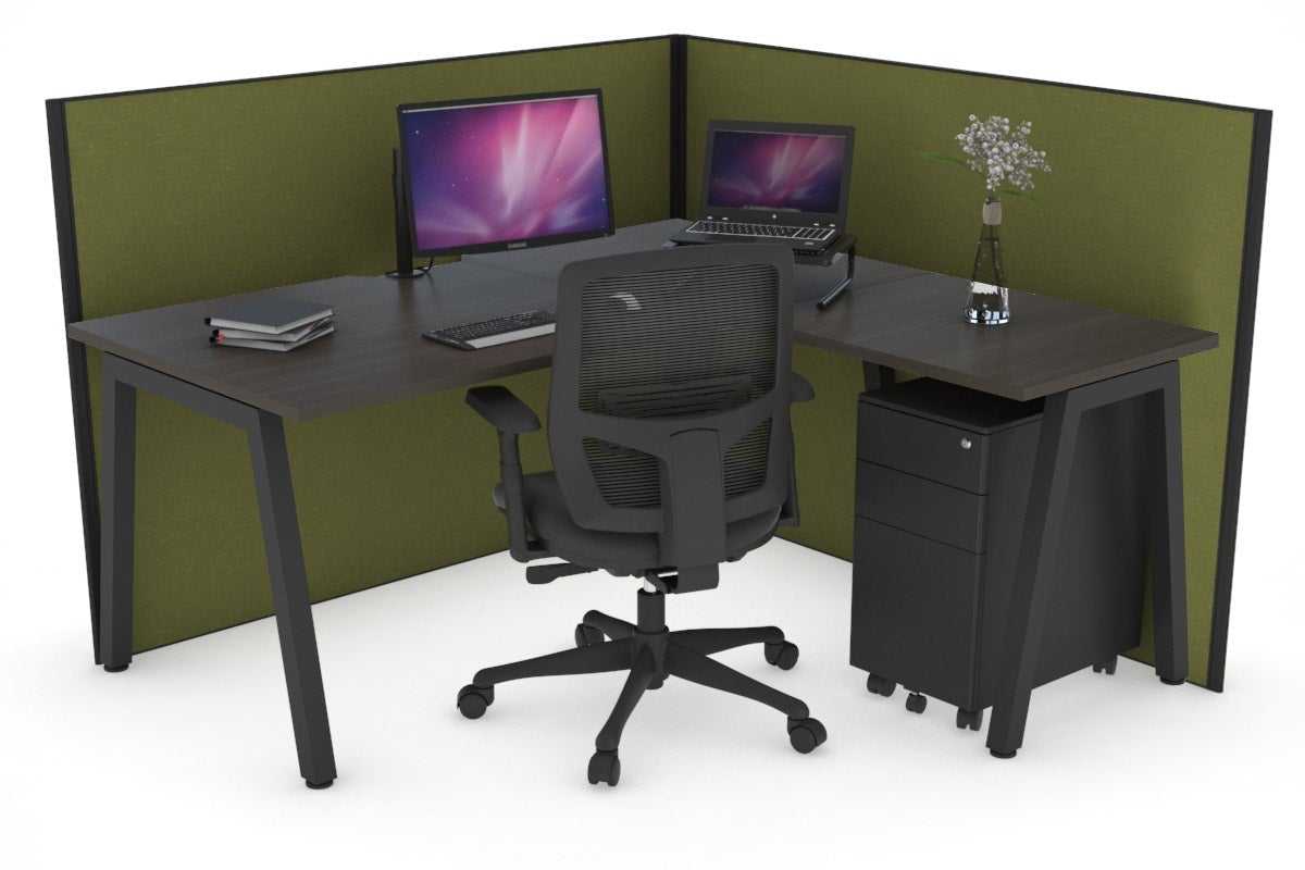 Horizon Quadro A Leg L-Shaped Corner Office Desk [1600L x 1550W with Cable Scallop] Jasonl black leg dark oak green moss (1200H x 1600W x 1600W)