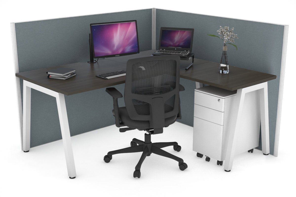 Horizon Quadro A Leg L-Shaped Corner Office Desk [1600L x 1550W with Cable Scallop] Jasonl white leg dark oak cool grey (1200H x 1600W x 1600W)