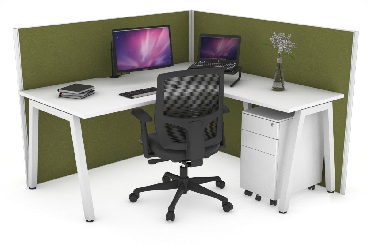 Horizon Quadro A Leg L-Shaped Corner Office Desk [1600L x 1550W with Cable Scallop] Jasonl white leg white green moss (1200H x 1600W x 1600W)