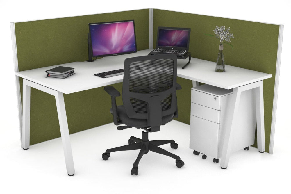 Horizon Quadro A Legs L-Shaped Corner Office Desk [1600L x 1550W with Cable Scallop]-white leg white green moss (1200H x 1600W x 1600W)