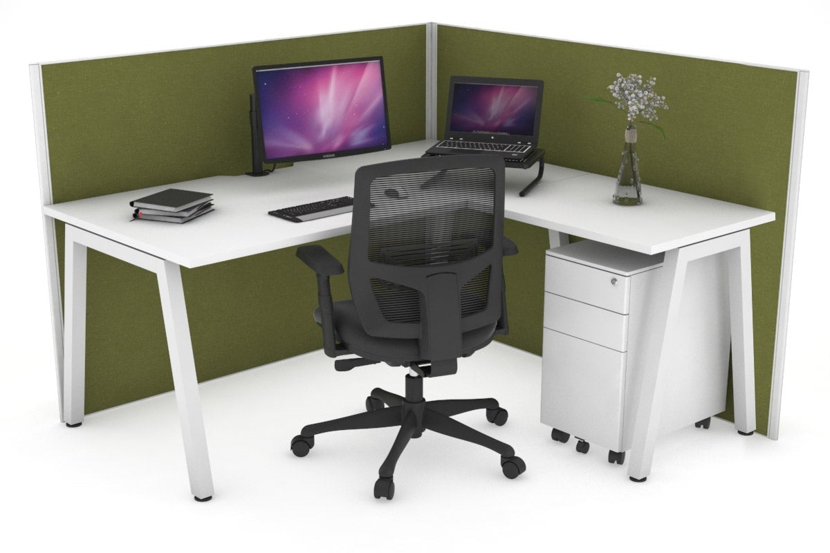 Horizon Quadro A Leg L-Shaped Corner Office Desk [1600L x 1550W with Cable Scallop] Jasonl white leg white green moss (1200H x 1600W x 1600W)