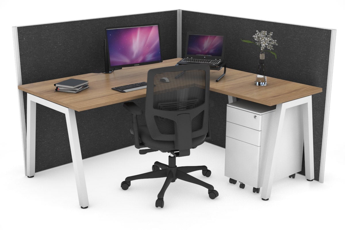 Horizon Quadro A Legs L-Shaped Corner Office Desk [1600L x 1550W with Cable Scallop]-white leg salvage oak moody charcoal (1200H x 1600W x 1600W)