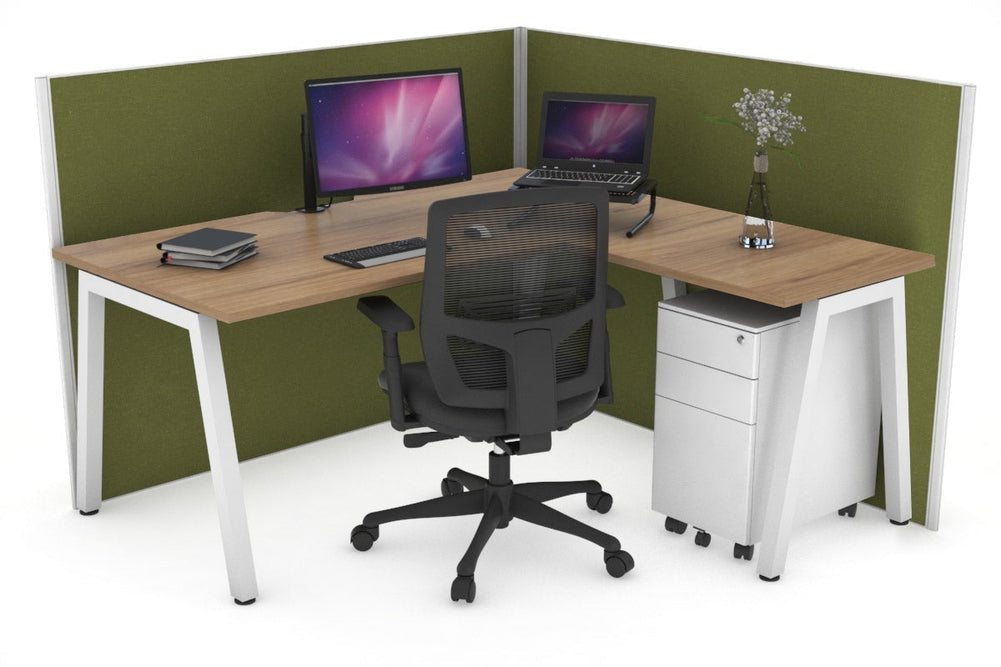 Horizon Quadro A Legs L-Shaped Corner Office Desk [1600L x 1550W with Cable Scallop]-white leg salvage oak green moss (1200H x 1600W x 1600W)