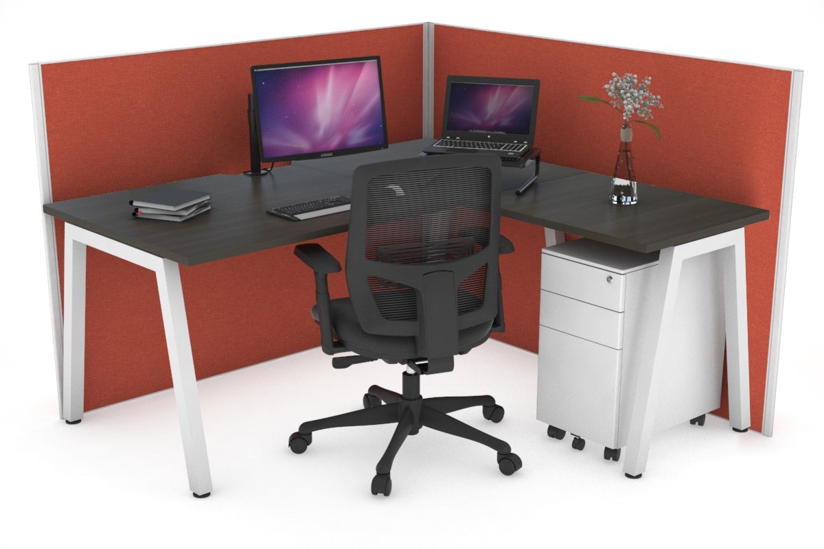 Horizon Quadro A Leg L-Shaped Corner Office Desk [1600L x 1550W with Cable Scallop] Jasonl white leg dark oak orange squash (1200H x 1600W x 1600W)