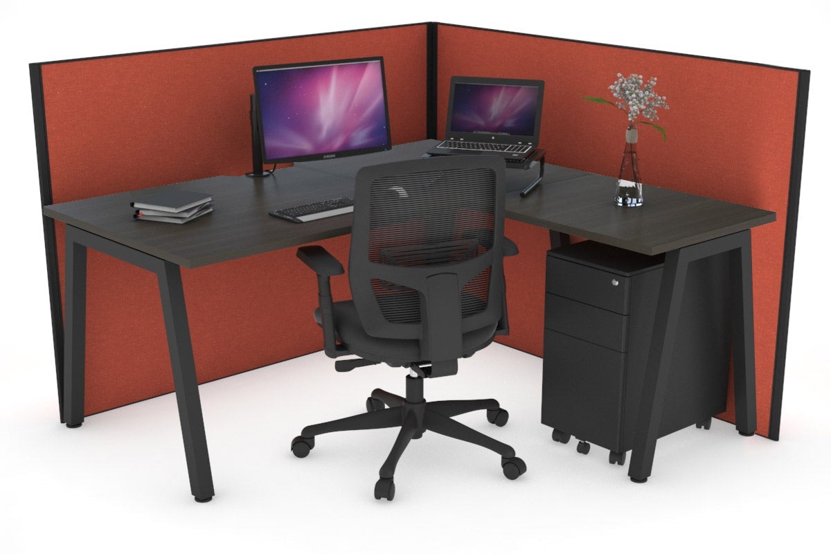 Horizon Quadro A Leg L-Shaped Corner Office Desk [1600L x 1550W with Cable Scallop] Jasonl black leg dark oak orange squash (1200H x 1600W x 1600W)
