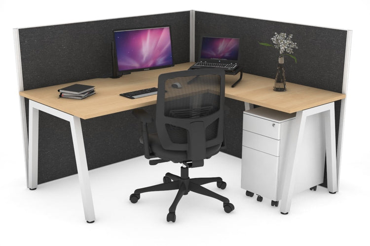 Horizon Quadro A Leg L-Shaped Corner Office Desk [1600L x 1800W with Cable Scallop] Jasonl white leg maple moody charcoal (1200H x 1600W x 1800W)
