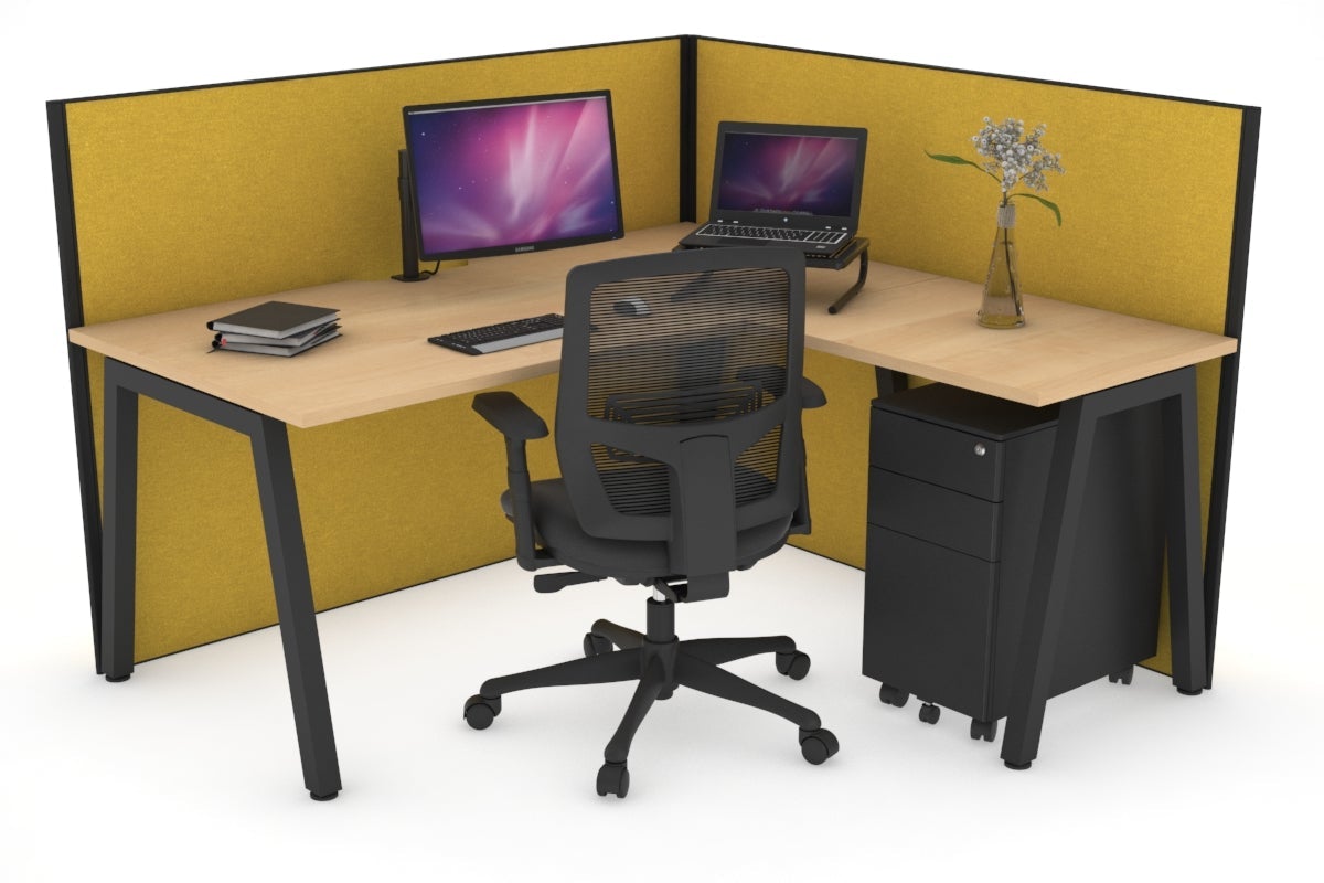 Horizon Quadro A Leg L-Shaped Corner Office Desk [1600L x 1800W with Cable Scallop] Jasonl black leg maple mustard yellow (1200H x 1600W x 1800W)