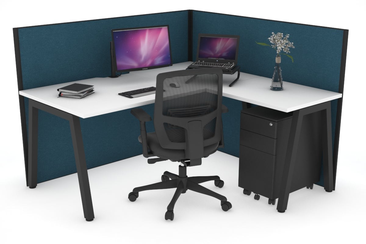 Horizon Quadro A Leg L-Shaped Corner Office Desk [1600L x 1800W with Cable Scallop] Jasonl black leg white deep blue (1200H x 1600W x 1800W)