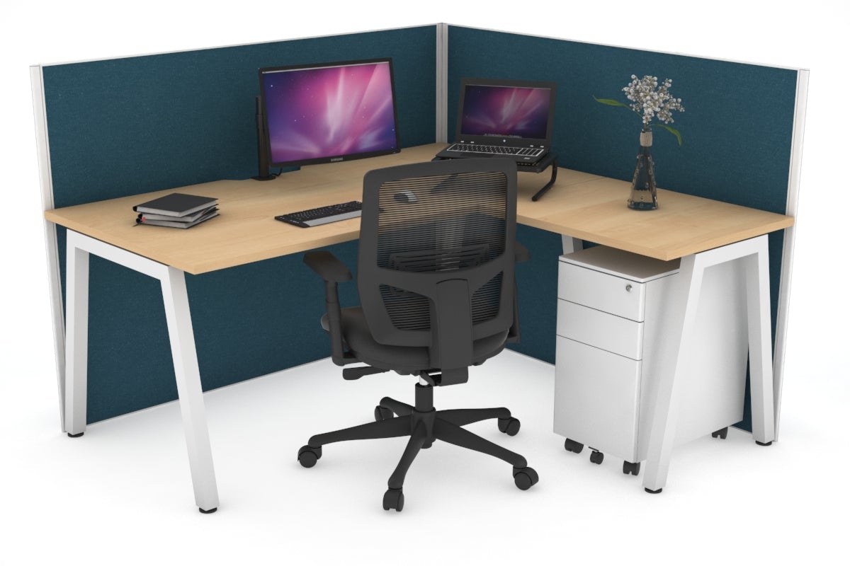 Horizon Quadro A Leg L-Shaped Corner Office Desk [1600L x 1800W with Cable Scallop] Jasonl white leg maple deep blue (1200H x 1600W x 1800W)