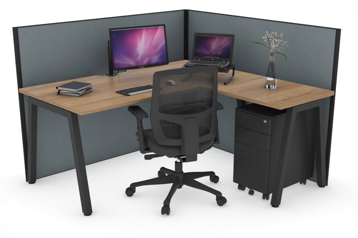 Horizon Quadro A Leg L-Shaped Corner Office Desk [1600L x 1800W with Cable Scallop] Jasonl black leg salvage oak cool grey (1200H x 1600W x 1800W)