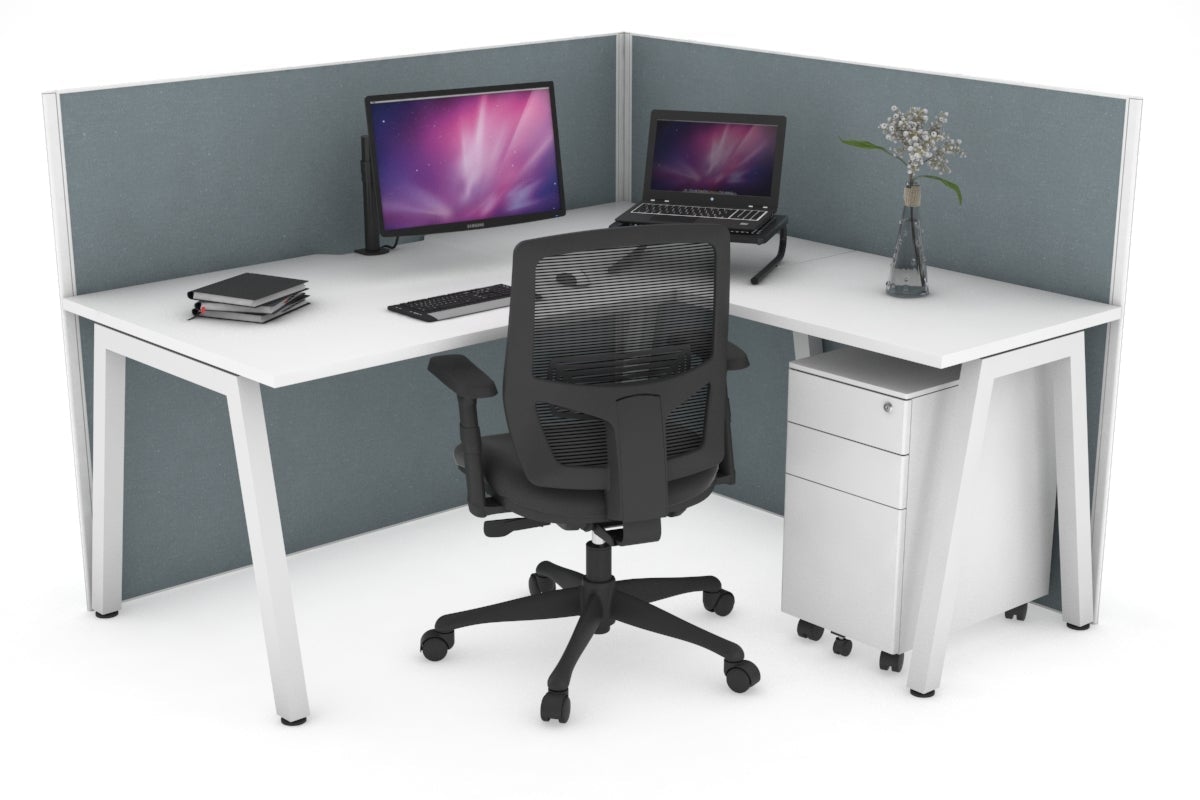 Horizon Quadro A Leg L-Shaped Corner Office Desk [1600L x 1800W with Cable Scallop] Jasonl white leg white cool grey (1200H x 1600W x 1800W)