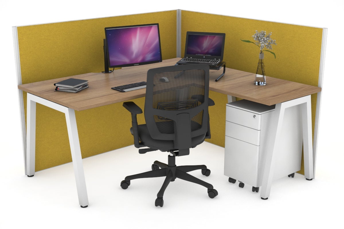 Horizon Quadro A Leg L-Shaped Corner Office Desk [1600L x 1800W with Cable Scallop] Jasonl white leg salvage oak mustard yellow (1200H x 1600W x 1800W)