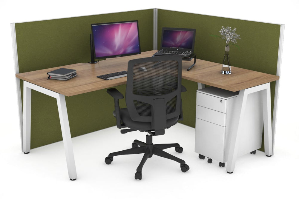 Horizon Quadro A Legs L-Shaped Corner Office Desk [1600L x 1800W with Cable Scallop]-white leg salvage oak green moss (1200H x 1600W x 1800W)