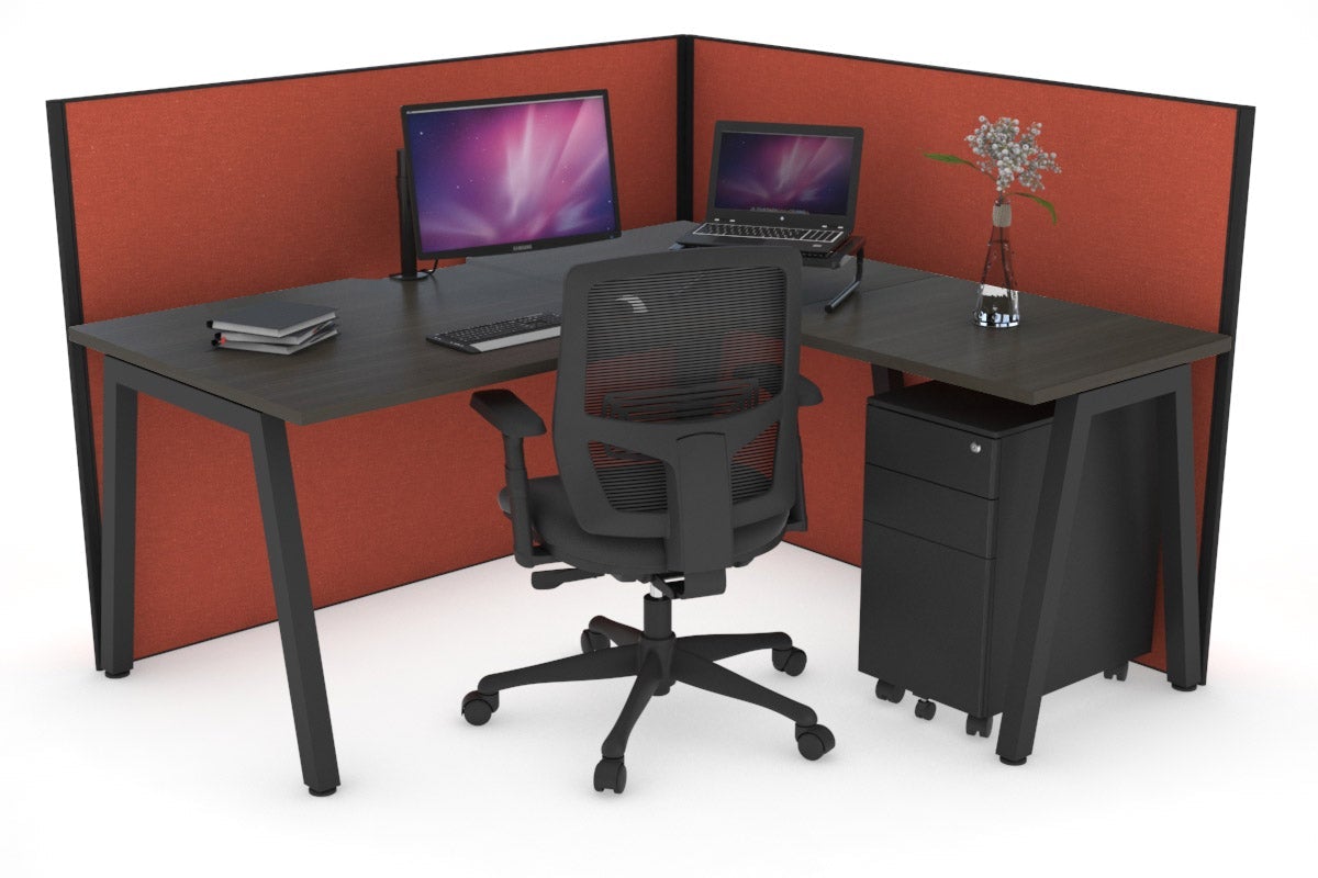 Horizon Quadro A Leg L-Shaped Corner Office Desk [1600L x 1800W with Cable Scallop] Jasonl black leg dark oak orange squash (1200H x 1600W x 1800W)