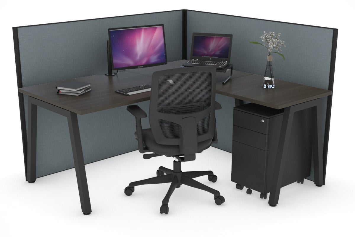 Horizon Quadro A Leg L-Shaped Corner Office Desk [1600L x 1800W with Cable Scallop] Jasonl black leg dark oak cool grey (1200H x 1600W x 1800W)