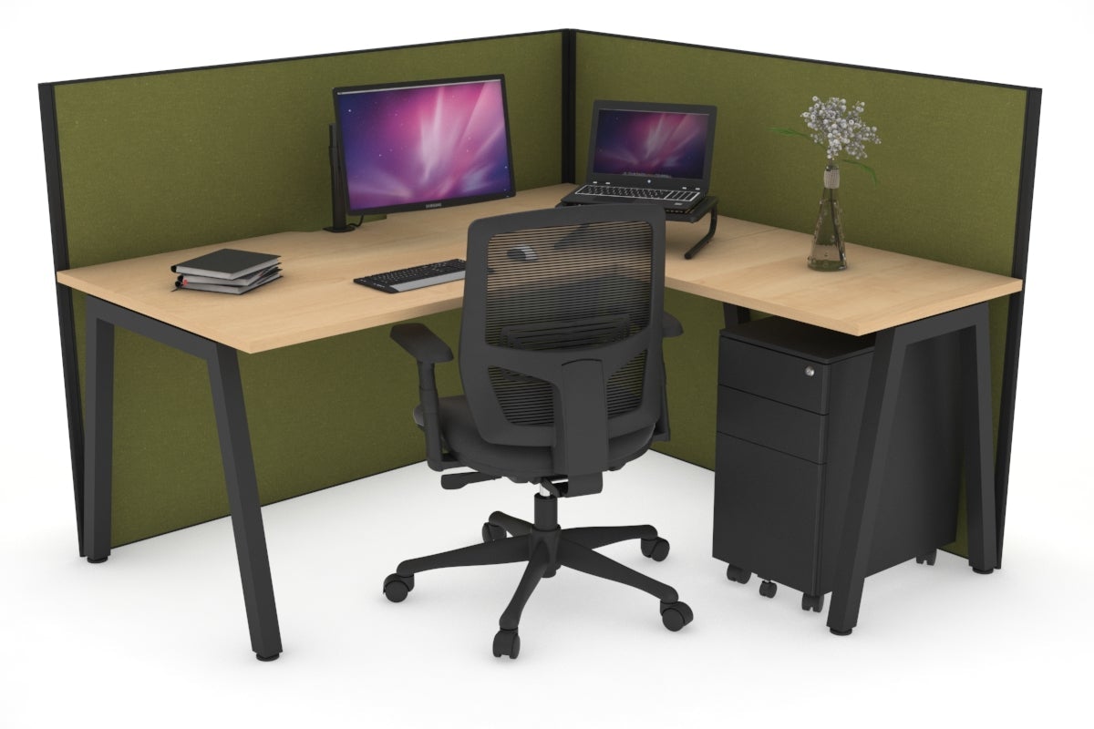 Horizon Quadro A Leg L-Shaped Corner Office Desk [1600L x 1800W with Cable Scallop] Jasonl black leg maple green moss (1200H x 1600W x 1800W)