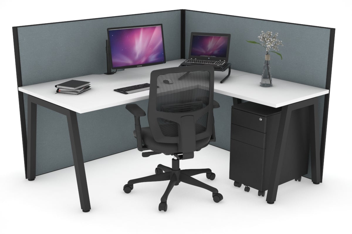 Horizon Quadro A Leg L-Shaped Corner Office Desk [1600L x 1800W with Cable Scallop] Jasonl black leg white cool grey (1200H x 1600W x 1800W)