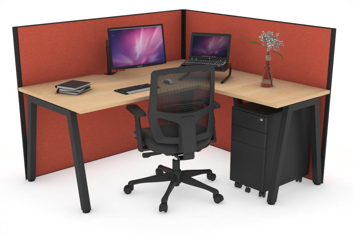 Horizon Quadro A Leg L-Shaped Corner Office Desk [1600L x 1800W with Cable Scallop] Jasonl black leg maple orange squash (1200H x 1600W x 1800W)