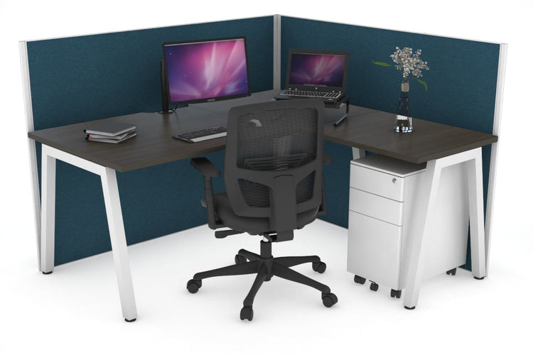 Horizon Quadro A Leg L-Shaped Corner Office Desk [1600L x 1800W with Cable Scallop] Jasonl white leg dark oak deep blue (1200H x 1600W x 1800W)