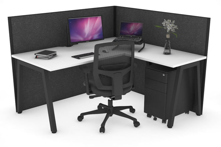 Horizon Quadro A Leg L-Shaped Corner Office Desk [1600L x 1800W with Cable Scallop] Jasonl black leg white moody charcoal (1200H x 1600W x 1800W)