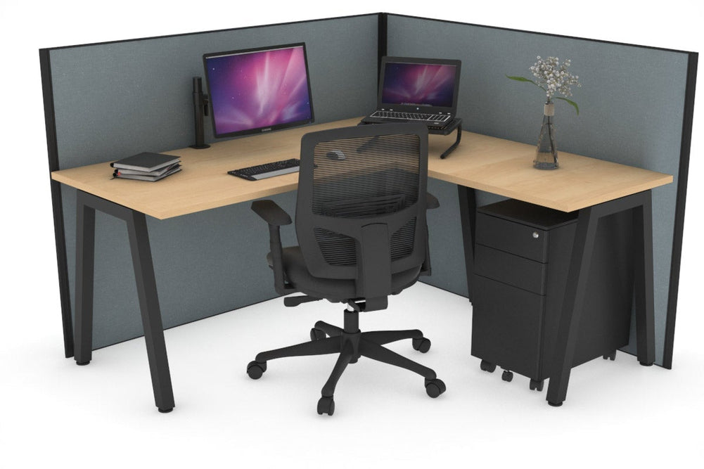 Horizon Quadro A Legs L-Shaped Corner Office Desk [1800L x 1450W]-black leg maple cool grey (1200H x 1800W x 1600W)