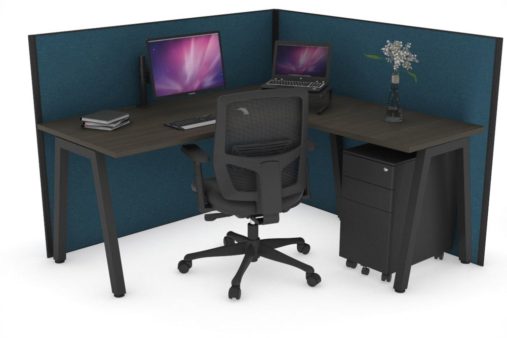 Horizon Quadro A Legs L-Shaped Corner Office Desk [1800L x 1450W]-black leg dark oak deep blue (1200H x 1800W x 1600W)