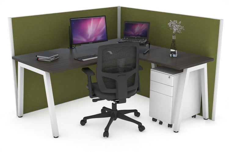 Horizon Quadro A Leg L-Shaped Corner Office Desk [1800L x 1550W with Cable Scallop] Jasonl white leg dark oak green moss (1200H x 1800W x 1600W)