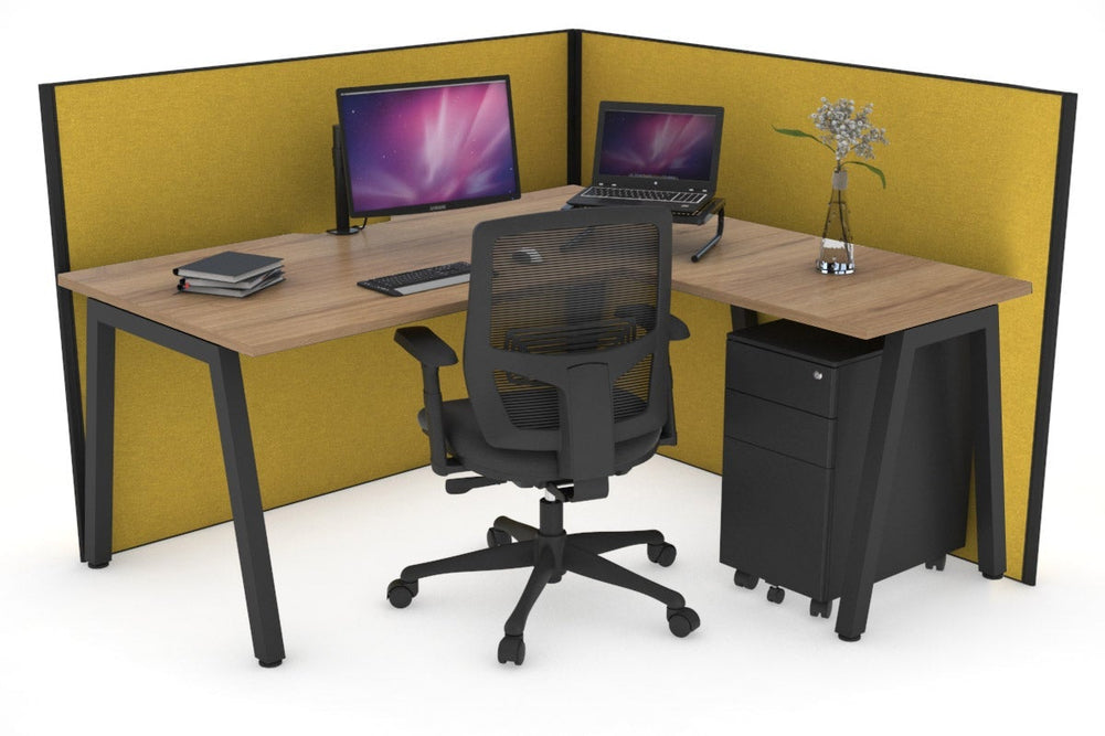Horizon Quadro A Legs L-Shaped Corner Office Desk [1800L x 1550W with Cable Scallop]-black leg salvage oak mustard yellow (1200H x 1800W x 1600W)