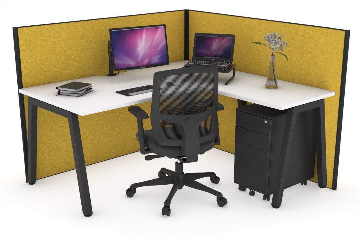 Horizon Quadro A Leg L-Shaped Corner Office Desk [1800L x 1550W with Cable Scallop] Jasonl black leg white mustard yellow (1200H x 1800W x 1600W)