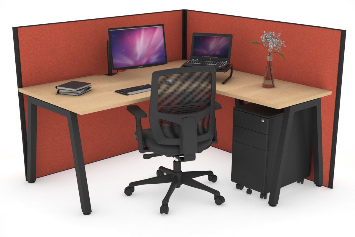Horizon Quadro A Leg L-Shaped Corner Office Desk [1800L x 1550W with Cable Scallop] Jasonl black leg maple orange squash (1200H x 1800W x 1600W)