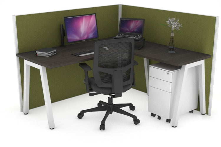 Horizon Quadro A Leg L-Shaped Corner Office Desk [1800L x 1700W] Jasonl white leg dark oak green moss (1200H x 1800W x 1800W)