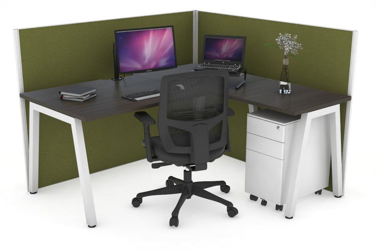 Horizon Quadro A Leg L-Shaped Corner Office Desk [1800L x 1800W with Cable Scallop] Jasonl white leg dark oak green moss (1200H x 1800W x 1800W)