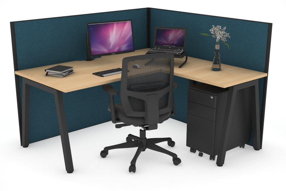 Horizon Quadro A Legs L-Shaped Corner Office Desk [1800L x 1800W with Cable Scallop]-black leg maple deep blue (1200H x 1800W x 1800W)