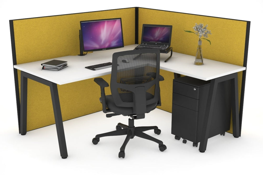Horizon Quadro A Legs L-Shaped Corner Office Desk [1800L x 1800W with Cable Scallop]-black leg white mustard yellow (1200H x 1800W x 1800W)