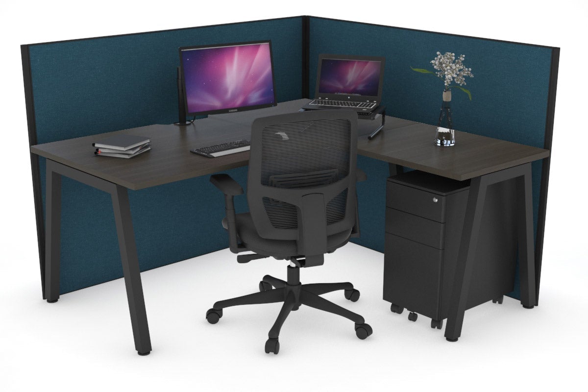 Horizon Quadro A Leg L-Shaped Corner Office Desk [1800L x 1800W with Cable Scallop] Jasonl black leg dark oak deep blue (1200H x 1800W x 1800W)