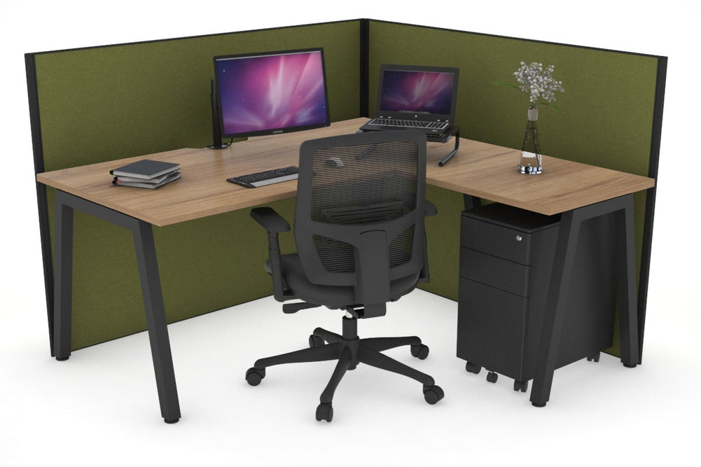 Horizon Quadro A Legs L-Shaped Corner Office Desk [1800L x 1800W with Cable Scallop]-black leg salvage oak green moss (1200H x 1800W x 1800W)