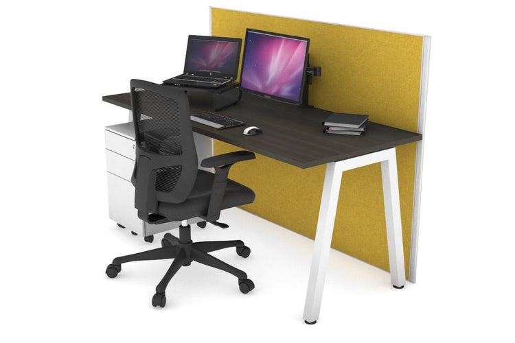 Horizon Quadro A Leg Office Desk [1200L x 700W] Jasonl white leg dark oak mustard yellow (1200H x 1200W)