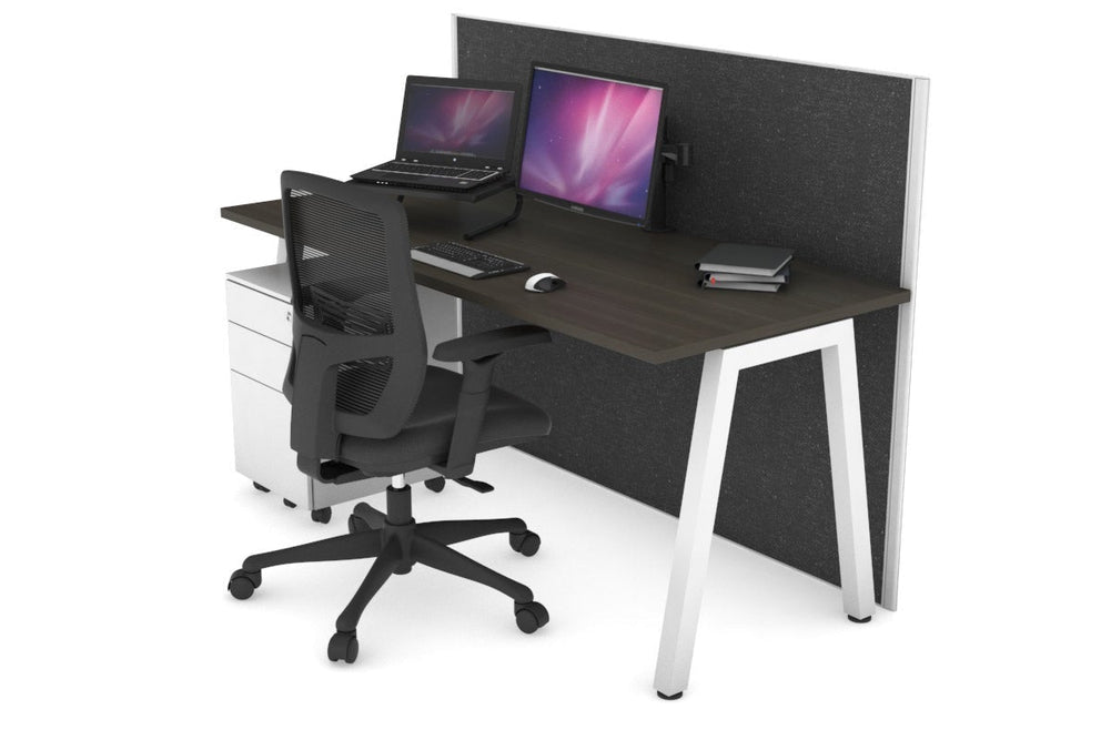Horizon Quadro A Legs Office Desk [1200L x 700W]-white leg dark oak moody charcoal (1200H x 1200W)