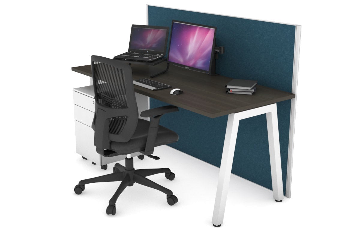 Horizon Quadro A Leg Office Desk [1200L x 700W] Jasonl white leg dark oak deep blue (1200H x 1200W)